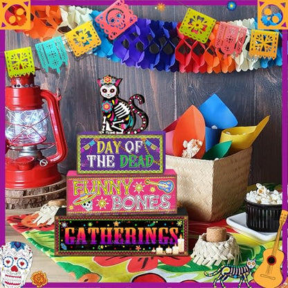Britimes 4 Pcs Day of the Dead Table Decor Halloween Cat Tiered Tray Decorations Set Funny Bones Stack Block Signs Gift Rustic Farmhouse Tabletop Decor for Table & Home Office - style: Day of The Dead