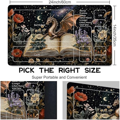 Playmat for MTG Dragon Flowers Spell Books Magic Play Mat 24x14 Inch Card Game Mat for Magic The Gathering TCG PTCG Playmat with Free Storage Bags Non-Slip Backing and Stitched Edge - color: Dragon Flowers Spell Books With Zones