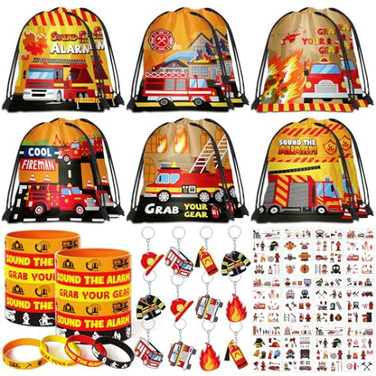 SNLN Fire Truck Party Favors Birthday Supplies, Firefighter Drawstring Bag Keychain Silicone Bracelet Tattoo Sticker, Firetruck Birthday Party Goodie Bag Stuffers Fillers Classroom Rewards for Kid - style: Fire Truck