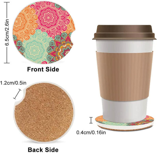 Absorbent Car Cupholder Coaster 2 Pack, Cute Car Coasters with a Finger Notch for Women & Men,2.56" Ceramic Stone & Non-Scratch Cork Base Drink Coasters,Car Accessories Gifts (Mandala Flowers - color: Mandala Flowers