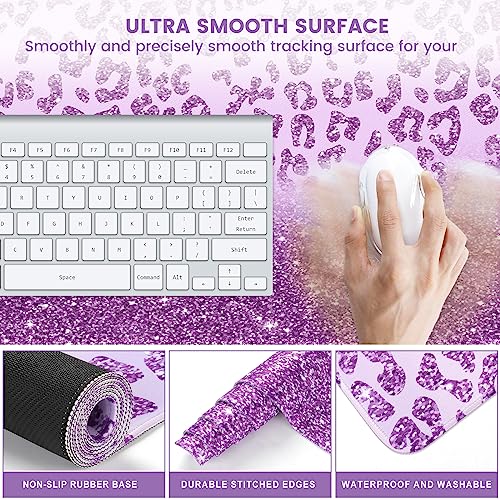 iLeadon Mouse Pad Set, Desk Mat + Mouse Pad with Wrist Rest + Keyboard Wrist Rest + Coaster, 4in1 Large Gaming Mouse Pad Glitter Leopard Mouse and Keyboard Pad Set for Home Office, Purple - color: Purple