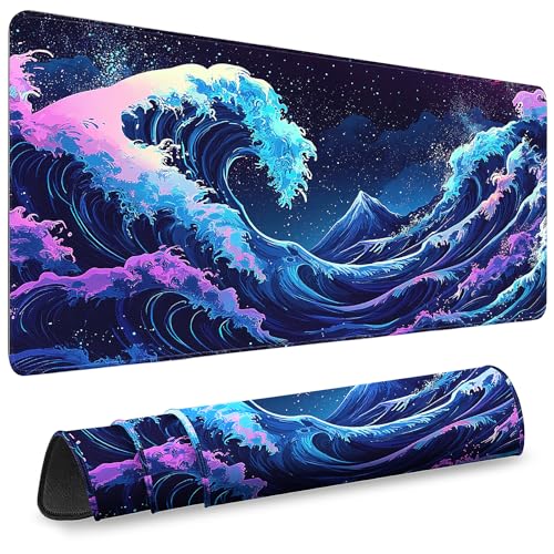 Gaming Desk Mat with Silky Smooth Surface & Exquisite Patterns,31.5x11.8 Inches Large-Sized Mouse Pad, Perfect for Extended Gaming,Work,and Home Office Decor (Japanese Waves 2) - color: Japanese Waves 2