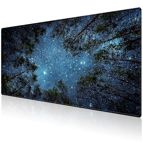 Extended Desk Mat (31.5x11.8 inch 3mm Thick), iDonzon Soft Cute Extra Large XXL Waterproof Gaming Mouse Pad with Non-Slip Rubber Base & Stitched Edges, for Working/Game, Forest Starry - color: Blue