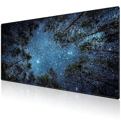 Extended Desk Mat (31.5x11.8 inch 3mm Thick), iDonzon Soft Cute Extra Large XXL Waterproof Gaming Mouse Pad with Non-Slip Rubber Base & Stitched Edges, for Working/Game, Forest Starry - color: Blue