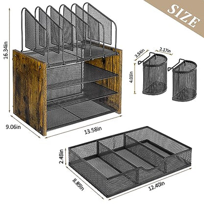 DAOUTIME 4-Tier Mesh Desk Organizer, Wooden Desk File Organizer with 5 Vertical File Holders and 2 Pen Holders, Desktop Organizers and Accessories with Drawer for Home Office - size: With Drawer