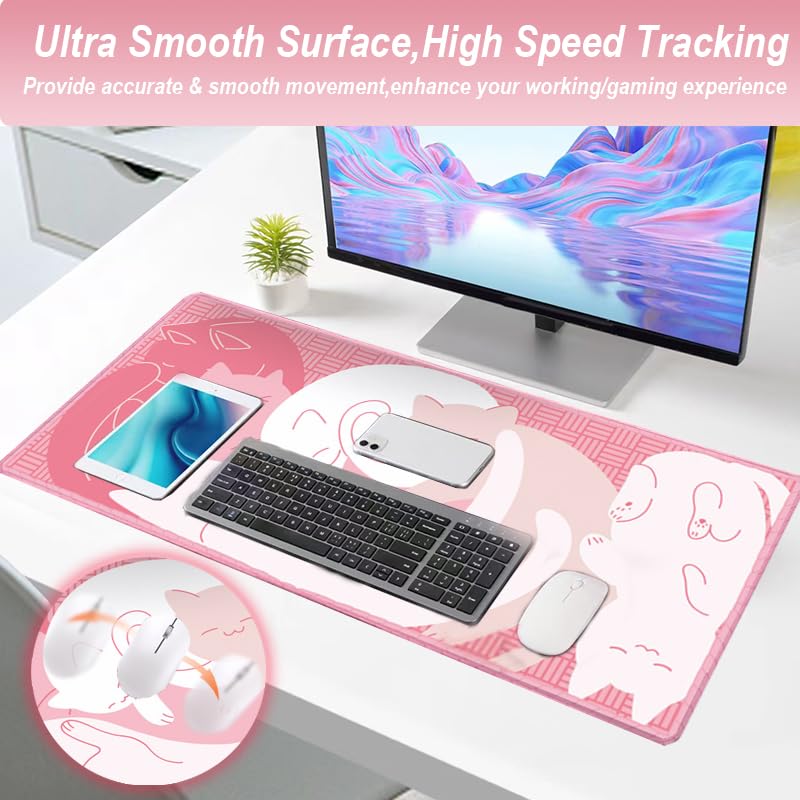 Gaming Mouse Pad XL Extended Anime Mouse Pad 31.5x11.8 inch, Large Cute Kawaii Big Computer Mouse Mat Desk Pad with Non-Slip Rubber Base and Stitched Edge for Home Office-Pink Cat - color: Pink Cat, size: 31.5L x 11.8W inches