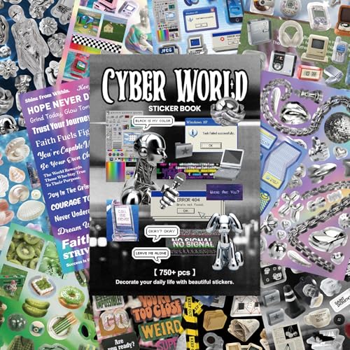 Y2K Cybercore Sticker Book, 750+ Retro Aesthetic Designs | Glossy, matte, textured finishes for scrap albums, junk journals, planners, collage cards, laptop decor, craft gifts - color: Cyber Worid