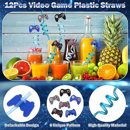 124Pcs Video Game Party Favors for Kids Gamer Birthday Supplies - Controller Straw Paper Bag Stamp Bracelet Glow Sticker Keychain Gaming Sticker, Boy Game On Pinata Filler Goodie Stuffer Decor