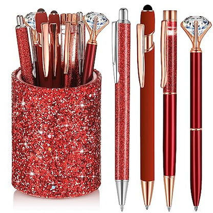 Sabary 8 Pcs Red Pens with Pen Holder for Desk Glitter Crystal Diamond Cute Ballpoint Fancy Pencil Holder Bling Desk Organizer for Women Girls School Office Supplies Wedding Graduation Gifts - color: Red