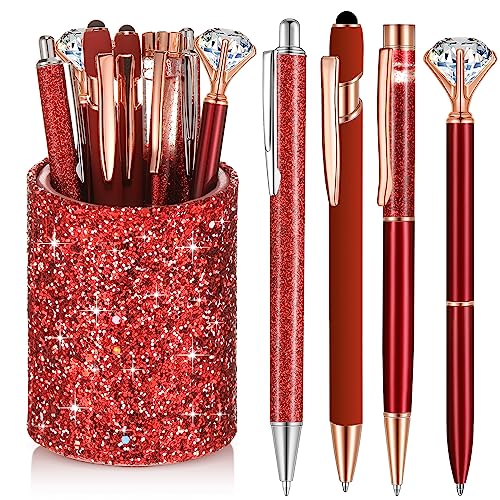 Sabary 8 Pcs Red Pens with Pen Holder for Desk Glitter Crystal Diamond Cute Ballpoint Fancy Pencil Holder Bling Desk Organizer for Women Girls School Office Supplies Wedding Graduation Gifts - color: Red