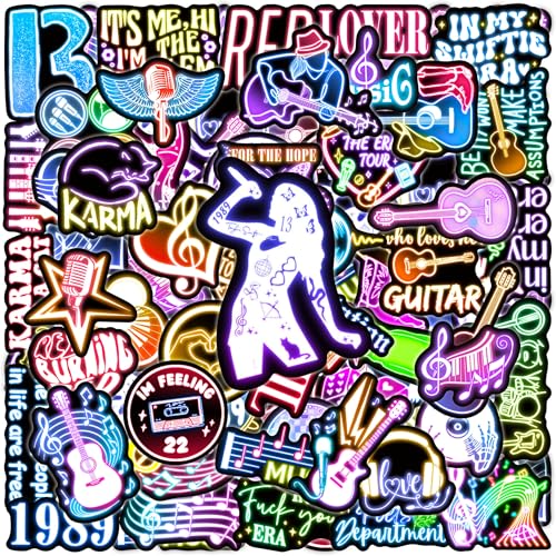 50 Pcs Pop Neon Singer Music Stickers for Adults, Country Folk Water Bottle Laptop Decals, Waterproof Vinyl Fans Music Lovers Guitar Phone Luggage Decor - color: Non-luminescent-478ksxx