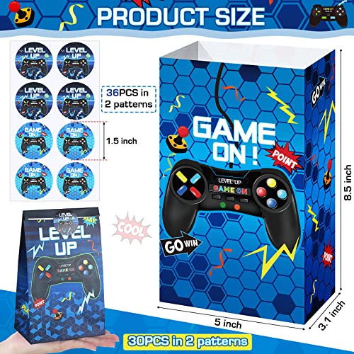 Geosar 30 Pack Video Game Party Favor Paper Bags Game on Goodie Candy Gift Bags with 30 Stickers Level up Reusable Goodie Treat Snacks Supplies for Boys Kids Gaming Birthday Party(Blue) - color: Blue