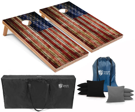 Tailgating Pros American Flag Wooden Plank Design Cornhole Board Set w/Bean Bags and Carrying Case - 4'x2' Corn Hole Toss Game - color: Black / Grey