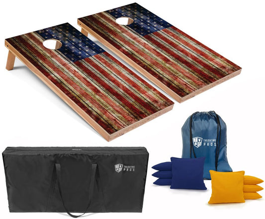 Tailgating Pros American Flag Wooden Plank Design Cornhole Board Set w/Bean Bags and Carrying Case - 4'x2' Corn Hole Toss Game - color: Royal / Yellow