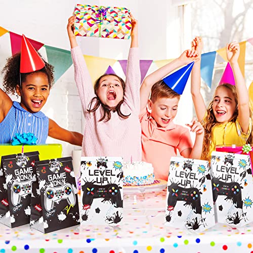 Geosar 30 Pack Video Game Party Favor Paper Bags Game on Goodie Candy Gift Bags with 30 Stickers Level up Reusable Goodie Treat Snacks Supplies for Boys Kids Gaming Birthday Party(White, Black) - color: White, Black