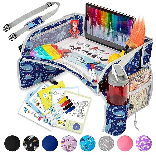 PILLANI Kids Travel Tray for Car - Toddler Essentials for Road Trip, Carseat Tray for Kids Travel, Car Activities for Kids Ages 4-8 w/ Activity Sheets & Pens, Tablet Holder, Dry Erase Board,Cup Holder - color: Blue Dinosaur