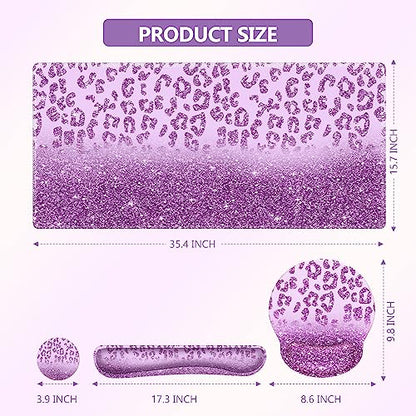 iLeadon Mouse Pad Set, Desk Mat + Mouse Pad with Wrist Rest + Keyboard Wrist Rest + Coaster, 4in1 Large Gaming Mouse Pad Glitter Leopard Mouse and Keyboard Pad Set for Home Office, Purple - color: Purple