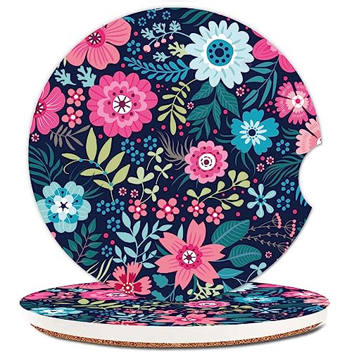 Absorbent Car Cupholder Coaster 2 Pack, Cute Car Coasters with a Finger Notch for Women & Men,2.56" Ceramic Stone & Non-Scratch Cork Base Drink Coasters,Car Accessories Gifts Luxury Flowers2 - color: Luxury Flowers2