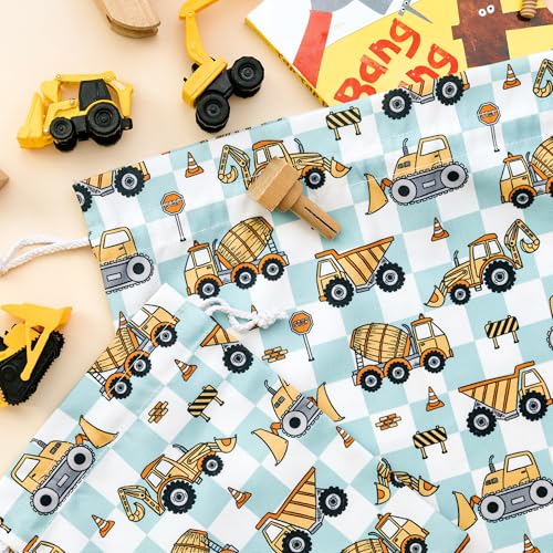 Gather & Knot Drawstring Gift Bags | 20" Large 12" Small | Premium Canvas | Reusable Fabric Wrap for Boys Birthdays, Baby Shower | Construction - color: Construction