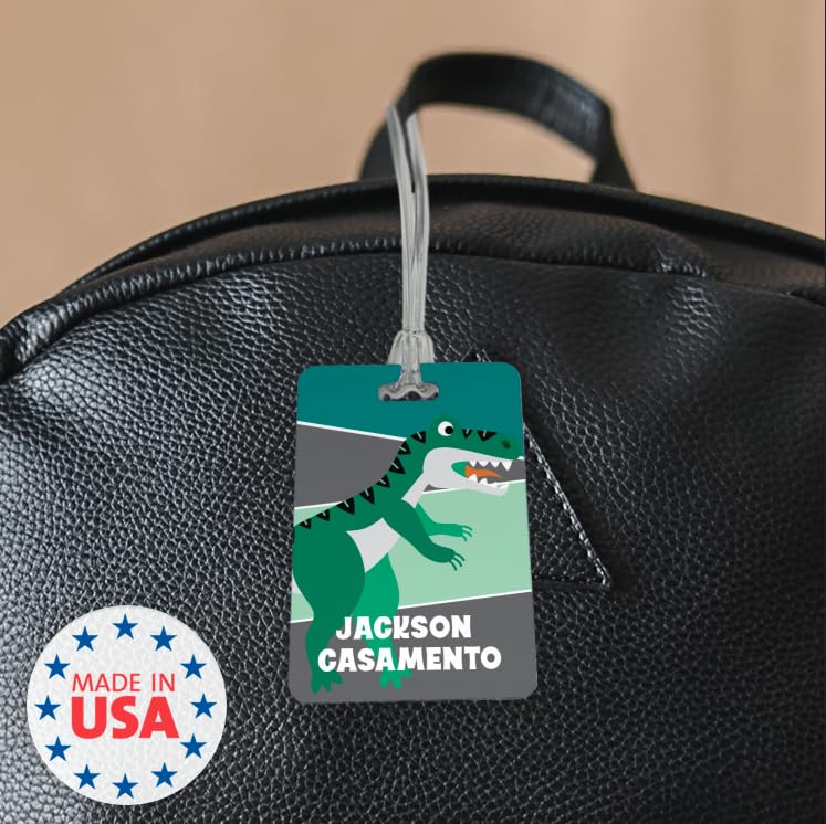 Personalized Dinosaur Luggage Tag / 2.75" x 4" Custom Prehistoric Bag Tag/Double Sided Durable Plastic Child Luggage Tag with Plastic Strap/Made in The USA - style: Dinosaur