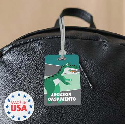 Personalized Dinosaur Luggage Tag / 2.75" x 4" Custom Prehistoric Bag Tag/Double Sided Durable Plastic Child Luggage Tag with Plastic Strap/Made in The USA - style: Dinosaur