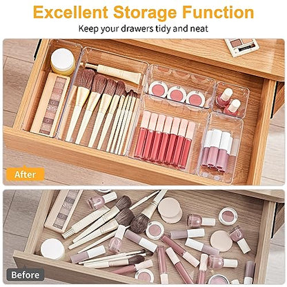 SMARTAKE 13-Piece Drawer Organizers with Non-Slip Silicone Pads, 5-Size Desk Bathroom Drawer Organizer Trays Storage Tray for Makeup, Jewelries, Utensils in Bedroom Dresser, Office and Kitchen, Clear - size: 13 PCS