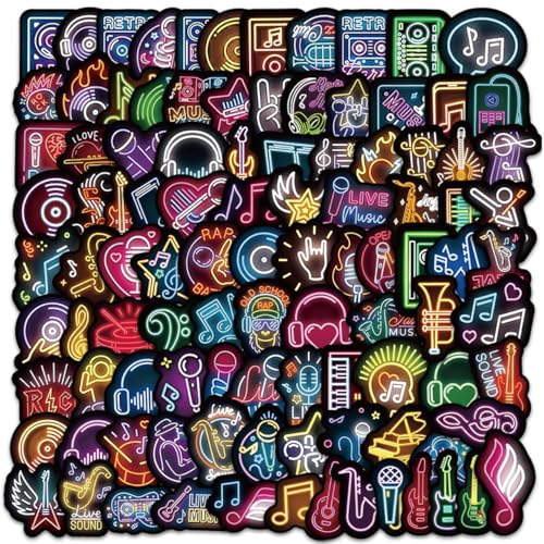 KumCinn Neon Music Stickers, 100 PCS Band & Music Themed Patterns, 2-3 Inch Waterproof Vinyl Decals for Guitar, Laptop, Water Bottle, Skateboard, Bedroom Decor, Party Favors - style: Neon Music, Instrument