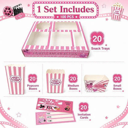100 PCS Pink Movie Night Party Supplies Set, Movie Snack Trays with Popcorn Boxes, Treat Boxes and Invitation Cards, Cute Disposable Snack Holders for Girls' Night Birthday Sleepover Pajama