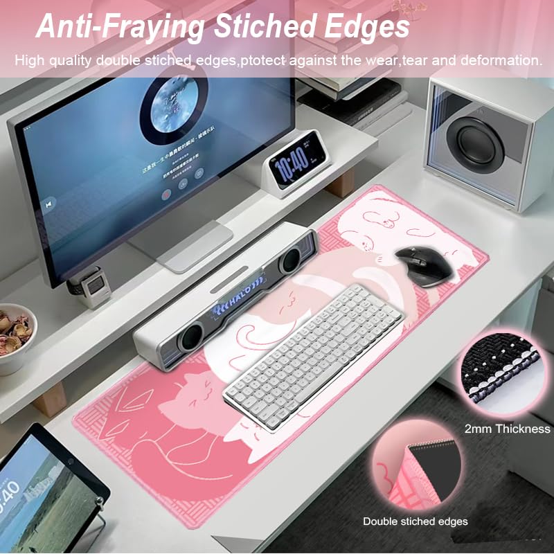 Gaming Mouse Pad XL Extended Anime Mouse Pad 31.5x11.8 inch, Large Cute Kawaii Big Computer Mouse Mat Desk Pad with Non-Slip Rubber Base and Stitched Edge for Home Office-Pink Cat - color: Pink Cat, size: 31.5L x 11.8W inches