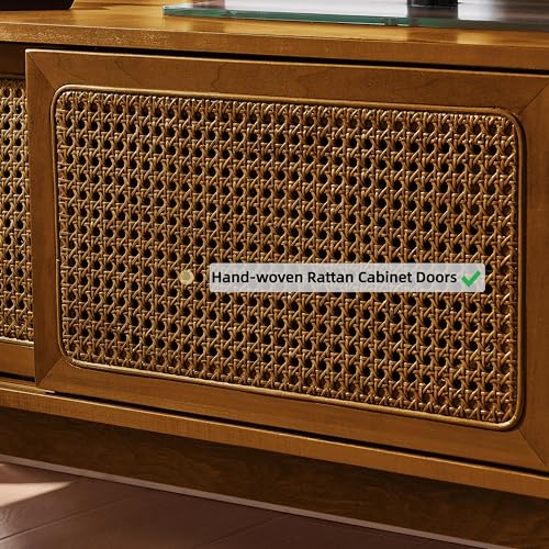 LKTART Mid Century Modern Rattan TV Stand for 65 Inch TV,59" Boho Media Console with Sliding Doors & Open Shelves,Solid Wood Legs for Living Room,Light Walnut - color: 59" Light Walnut