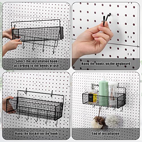 Shimeyao 2 Pcs Pegboard Accessories Set Including 2 Pegboard Baskets Bins with 5 Hooks 4 extra Hooks Black Metal Wire Basket Wall Mount Organizer for Workbench Garage Storage Attachments