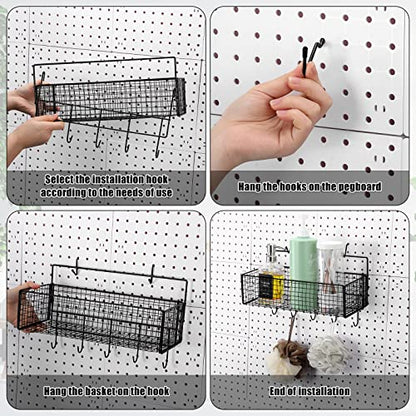 Shimeyao 2 Pcs Pegboard Accessories Set Including 2 Pegboard Baskets Bins with 5 Hooks 4 extra Hooks Black Metal Wire Basket Wall Mount Organizer for Workbench Garage Storage Attachments