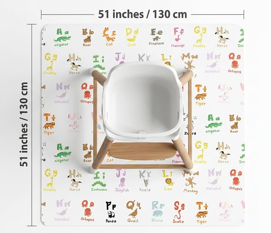 51" Splat Mat for Under High Chair/Arts/Crafts, WOMUMON Baby Washable Spill Mat Waterproof Anti-Slip Floor Splash Mat, Portable Play Mat and Table Cloth - color: Zoo Alphabets