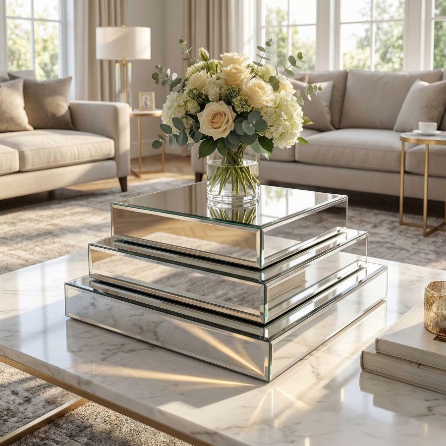 GIMORRTO Mirror Display Riser Stands 3 Set, Glam Accent Table Display Platform for Decorative Pieces, Mirrored Showpeice 3Pack, Centerpiece Displayer (Square 3PC)