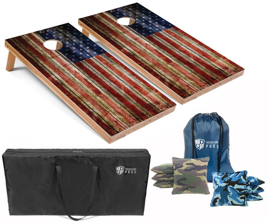 Tailgating Pros American Flag Wooden Plank Design Cornhole Board Set w/Bean Bags and Carrying Case - 4'x2' Corn Hole Toss Game - color: Blue Camo / Green Camo