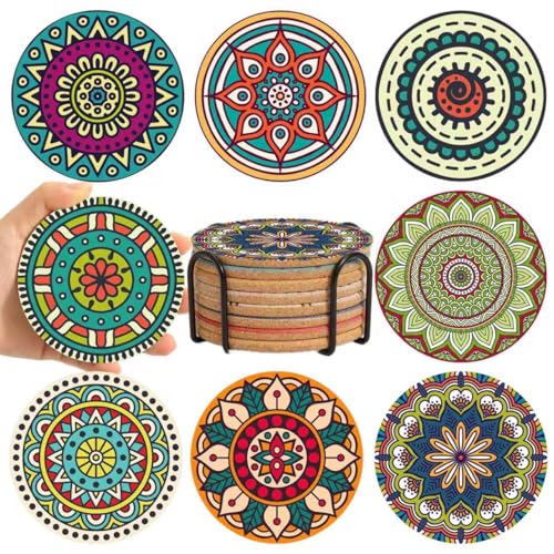 Cork Coasters Set of 8,Round Boho Coasters for Drinks,Cute Colorful Coaster with Holder,Apartment Farmhouse Office Bar Decor, Birthday Gifts for Mom Grandma(Mandala 4) - color: Mandala Coasters4