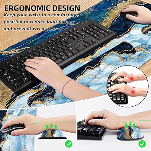 LATEEFAH Large Mouse Pad and Keyboard Wrist Rest, Desk Pad for Keyboard and Mouse, Extended Gaming Mouse Pad with Wrist Support, Waterproof Non-Slip Desk Mouse Mat for Office, Home - color: 4Pcs-Blue & White Marble