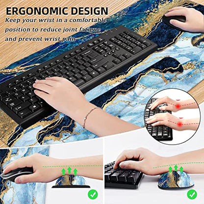 LATEEFAH Large Mouse Pad and Keyboard Wrist Rest, Desk Pad for Keyboard and Mouse, Extended Gaming Mouse Pad with Wrist Support, Waterproof Non-Slip Desk Mouse Mat for Office, Home - color: 4Pcs-Blue & White Marble