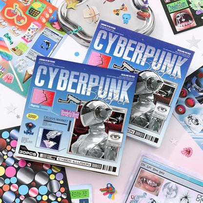 Sticker Book for Junk Journal Supplies, Cyberpunk Retro Futuristic 30 Sheets DIY Scrapbook Stickers with Glitter Glossy Matte Foil, 125x125mm Blue, for Scrapbooking Journaling - color: Blue Retro-futuristic