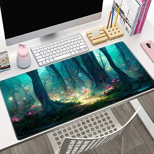 Forest Desk Mat Blue Green Mouse Pad Large Laptop Computer Keyboard Mouse Mat Gaming Mousepad XXL 31.5''X 15.7'' Deskpad Deskmat Cute Desk Pad - color: A Green Forest