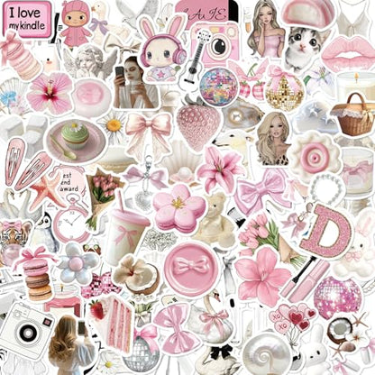 120Pcs Coquette Stickers, Cute Aesthetic Laptop Stickers, Waterproof Aesthetic Vinyl Stickers, Pink White Y2K Sticker Pack for Girls Water Bottles Laptop Computer Phone Guitar - color: Pinkish-white Stickers