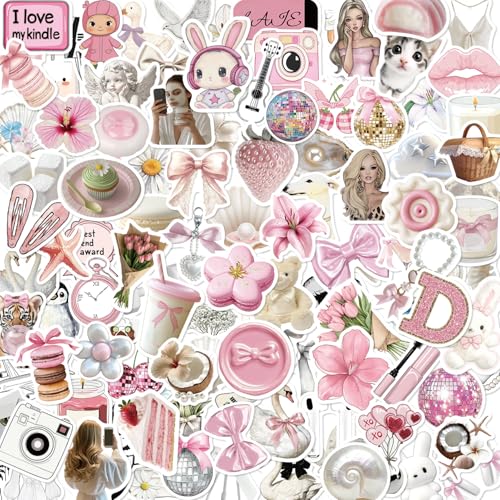 120Pcs Coquette Stickers, Cute Aesthetic Laptop Stickers, Waterproof Aesthetic Vinyl Stickers, Pink White Y2K Sticker Pack for Girls Water Bottles Laptop Computer Phone Guitar - color: Pinkish-white Stickers