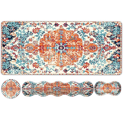 iLeadon Keyboard Mouse Pad Set, Large Gaming Mouse Pad + Wrist Rest + Mouse Pad with Wrist Support + Coaster, Easy Typing Pain Relief, 35.4x15.7in Desk Mat for Home Office, Boho - color: Boho