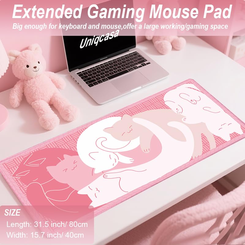 Gaming Mouse Pad XXL Extended Anime Mouse Pad 31.5x15.7 inch, Large Cute Kawaii Big Computer Mouse Mat Desk Pad with Non-Slip Rubber Base and Stitched Edge for Home Office-Pink Cat - color: Pink Cat, size: 31.5L x 15.7W inches