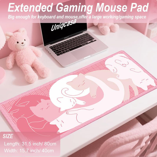 Gaming Mouse Pad XXL Extended Anime Mouse Pad 31.5x15.7 inch, Large Cute Kawaii Big Computer Mouse Mat Desk Pad with Non-Slip Rubber Base and Stitched Edge for Home Office-Pink Cat - color: Pink Cat, size: 31.5L x 15.7W inches