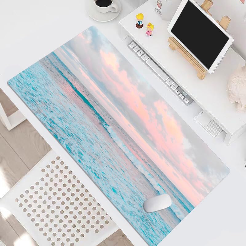 EOBTAIN Blue Beach Large Mouse Pad Coastal Desk Mat Cute Ocean Scene XXL Keyboard and Mouse Pad Desk Accessories for Office Home,Thin and Big Extended Smooth Non Slip Rubber Mousepad,31.5x15.7 Inch - color: Teal