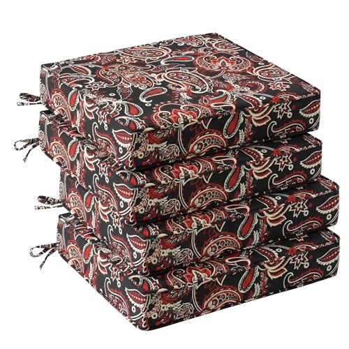 UNIKOME Outdoor Chair Cushions Set of 4, Water Resistant Patio Seat Cushions with Ties for Outdoor Furniture, High-Density Foam, UV & Fade Resistant, Piped Edge – 18.5" x 16" x 3", Red Paisley Floral - color: 07 Red Paisley Floral, size: 18.5" W X 16" D X