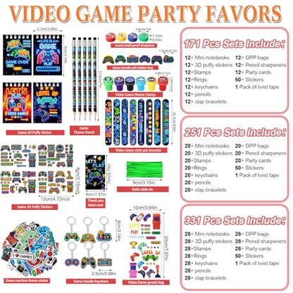Sayglossy 251 Pcs Video Game Party Favors Set Includes Gift Bags Pencils Notebook Sharpener Slap Bracelets Rings Keychains 3D Puffy Stickers Stamper Gamer Party Favors Birthday (Neon) - style: Neon