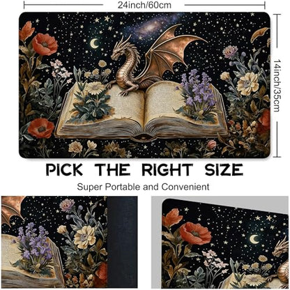 for MTG Playmat 24 x 14 Inches Dragon Flowers Spell Books Magic Play Mat Card Game Mat for Magic The Gathering TCG PTCG Playmat with Free Storage Bags Non-Slip Backing and Stitched Edge - color: Dragon Flowers Spell Books No With Zones