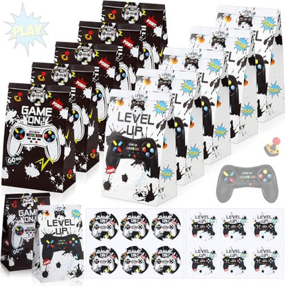 Geosar 30 Pack Video Game Party Favor Paper Bags Game on Goodie Candy Gift Bags with 30 Stickers Level up Reusable Goodie Treat Snacks Supplies for Boys Kids Gaming Birthday Party(White, Black) - color: White, Black